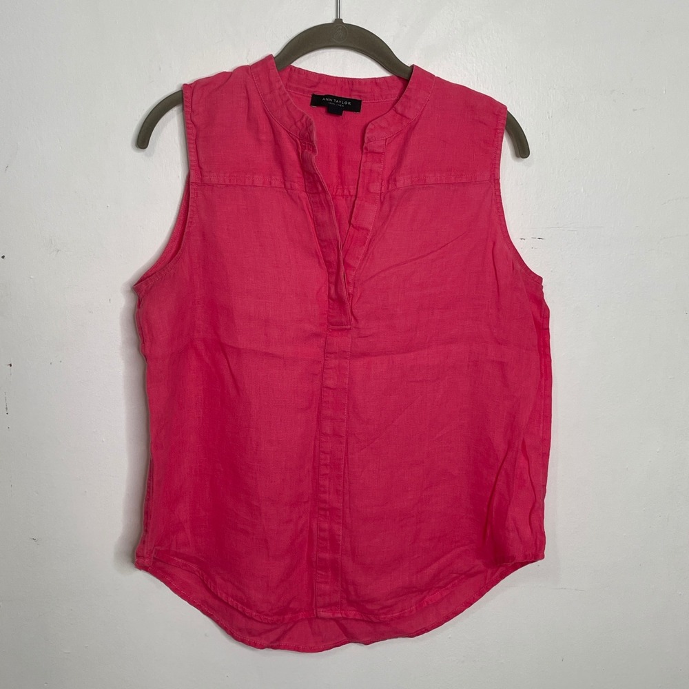 Ann Taylor Hot Pink 100% Linen Sleeveless Mandarin Collar‎ Blouse Womens Small